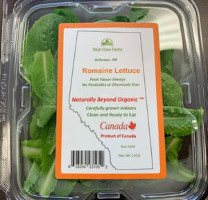 Image of West Grow Farms Inc.'s romaine lettuce packaging