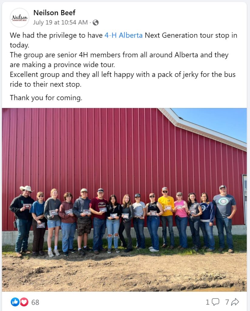 A Facebook post about the AFSC 4-H Next Gen Tour stop at Neilson Beef.