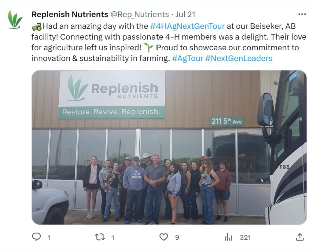A Twitter post about the AFSC 4-H Next Gen Tour stop at Replenish Nutrients.