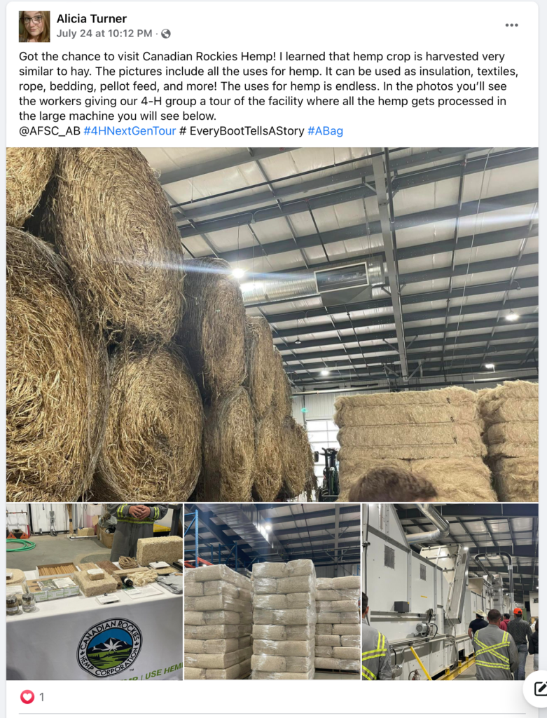 A Twitter post about the Canadian Rockies Hemp stop during the AFSC 4-H Next Gen Tour.