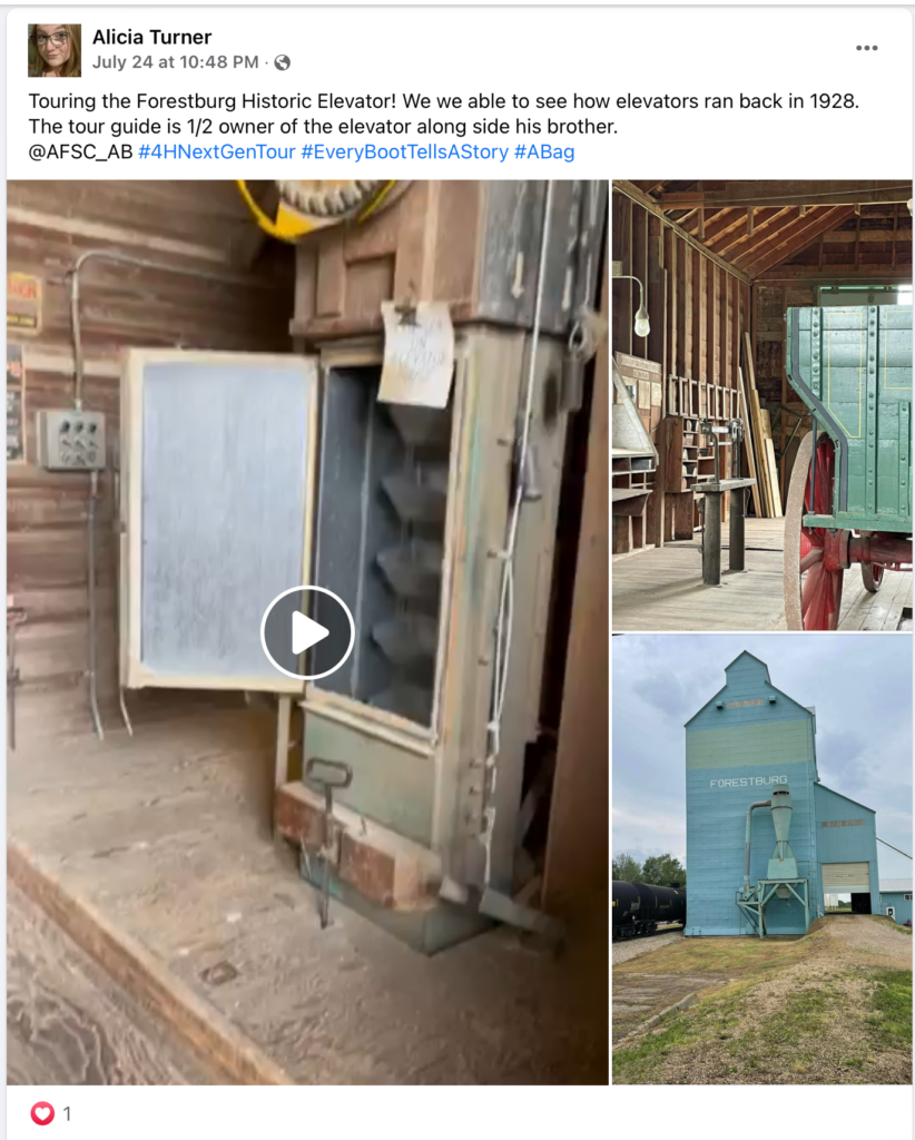 A Facebook post about the stop at the Forestburg historic elevator during the AFSC 4-H Next Gen Tour.