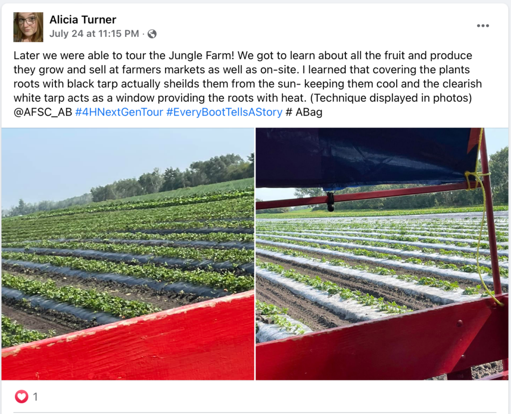  A Facebook post about the stop at The Jungle Farm during the AFSC 4-H Next Gen Tour.