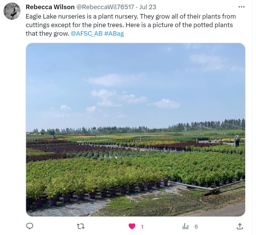 A Twitter post about the Eagle Lake Nurseries stop during the AFSC 4-H Next Gen Tour.