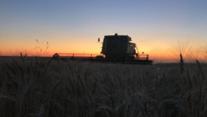 Combine in field at sunset.