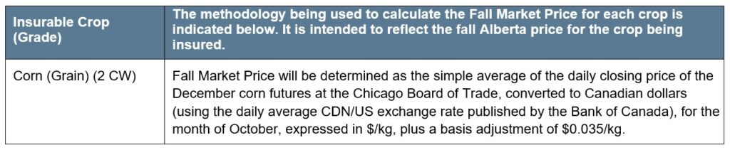 Grain Corn Article 2 Pricing Market Methodology Table Call AFSC for details