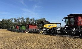 A row of combines stopped on a field that has been harvested.