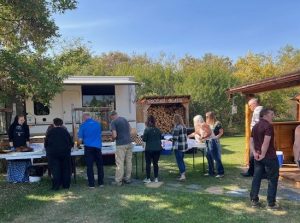 People move through the buffet line at an outdoor event. There are trees and a woodshed in the background